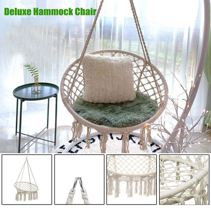 แขวนเก้าอี้ผ้าฝ้ายเชือกเปลญวนเก้าอี้ Handmade ถักในร่มกลางแจ้งเด็ก Swing Bed Swinging Camping Hammock กับชิ้นส่วนโลหะ