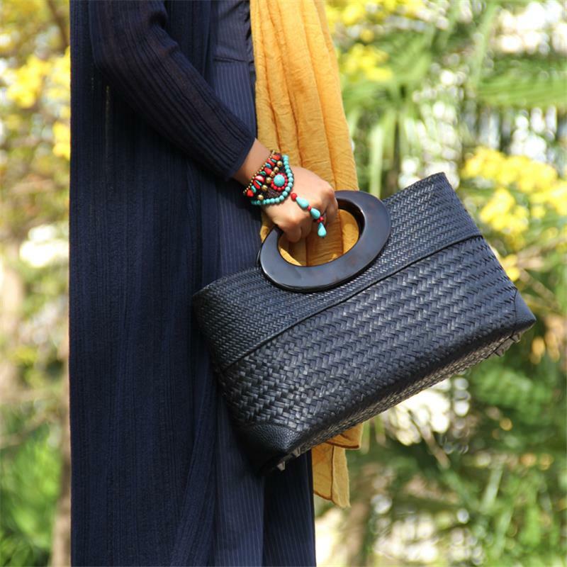 حقيبة مصنوعة يدويًا من القش والقش للنساء ، على الطراز التايلاندي العرقي ، منسوجة في منتصف العمر ، مقاس 37 × 21 سنتيمتر ، a6100