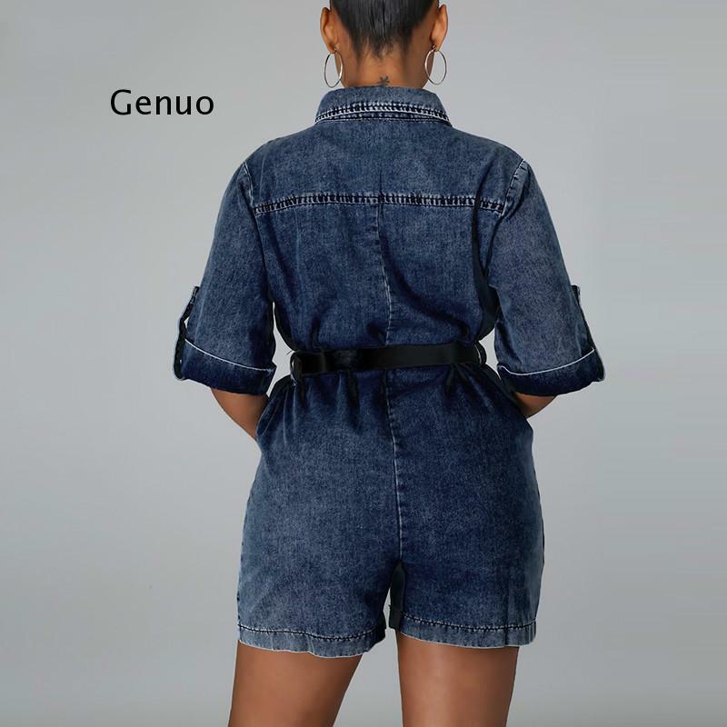 Wanita Tombol Bawah Desain Saku Denim Playsuits Chic Elegan Streetwear Jeans Rompers Playsuit