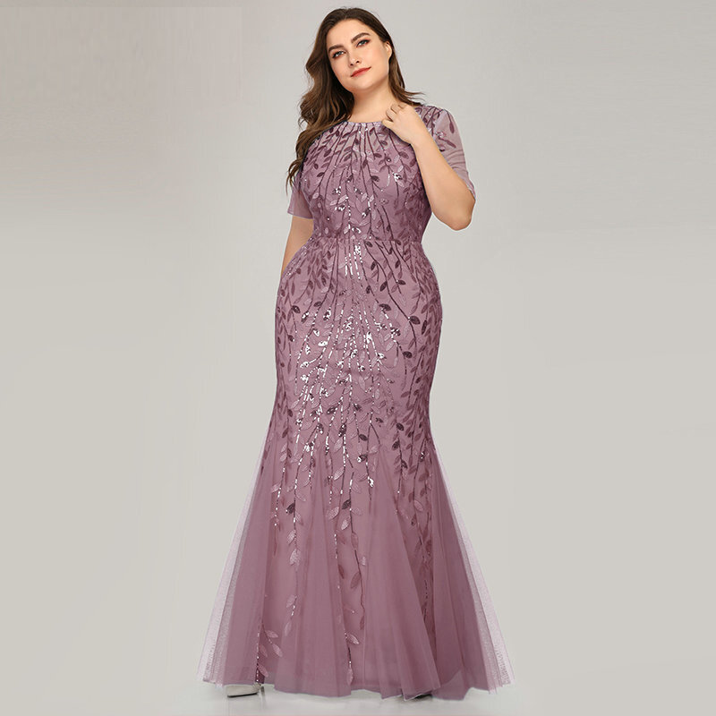 2023 Plus Size Sequin Mesh Mermaid Slim Evening Dress Beaded Leaves Pattern Formal  Women Elegant Party Prom Gowns Short Sleeve