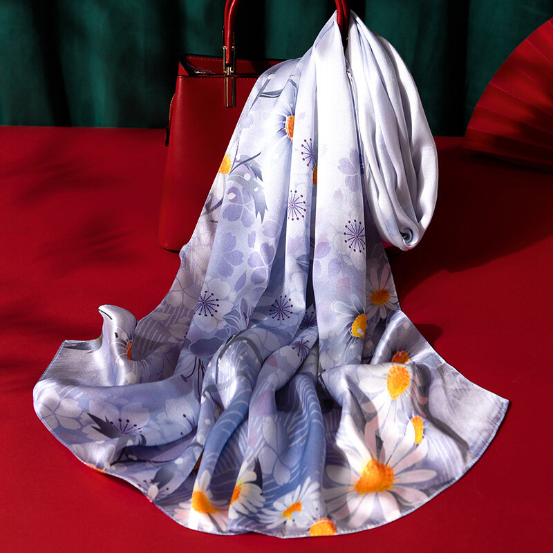 Lenço feminino de seda pura 100%, lenço de seda verdadeira pashmina natural, cachecol e cabeça estampado
