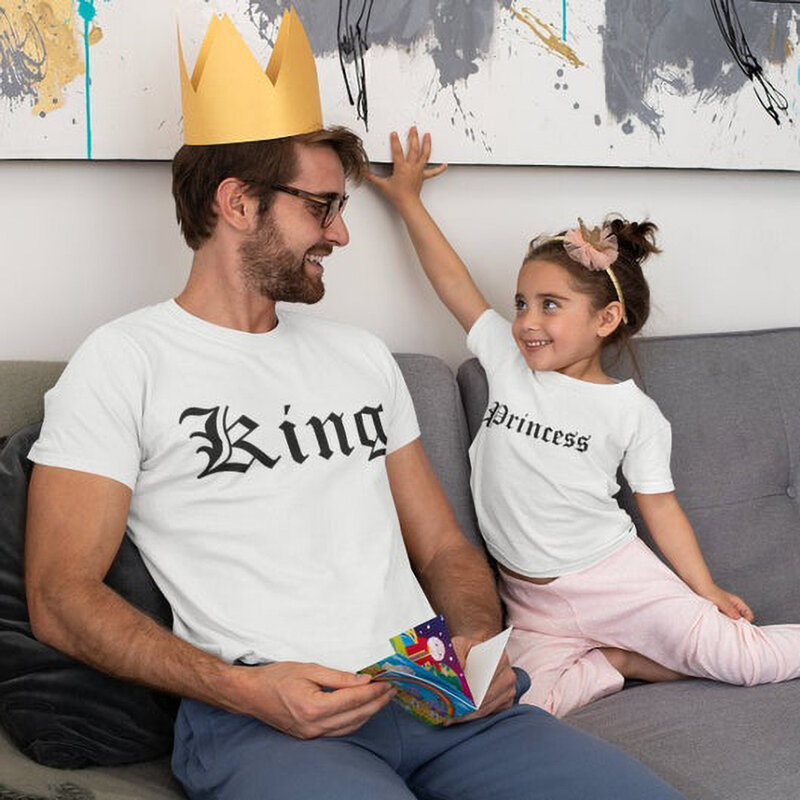 하라주쿠 왕과 공주 글자 프린트 코튼 티셔츠, 남편 딸, 부모-자녀 의류, 그래픽 티셔츠, 여름 상의