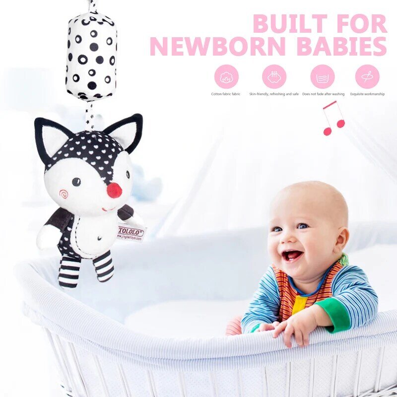 Коляска для новорожденных, мягкая плюшевая игрушка-погремушка с колокольчиками, черно-белая, для путешествий и обучения