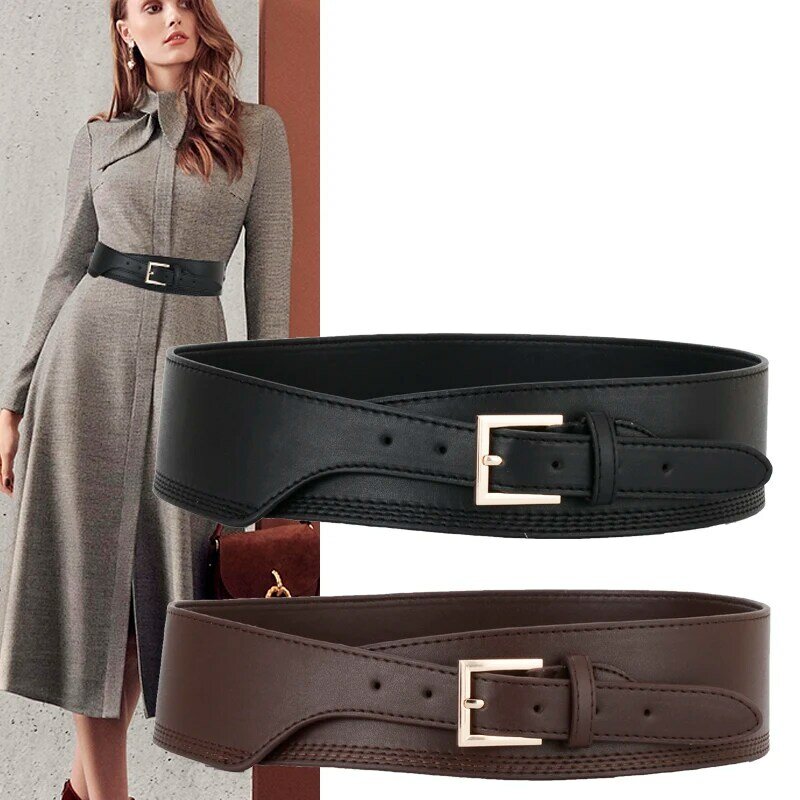 New Black PU Leather Cummerbunds Female coat Belt Woman Punk Wide gold pin buckle Waistbands Dress fashion Lady For party gifts