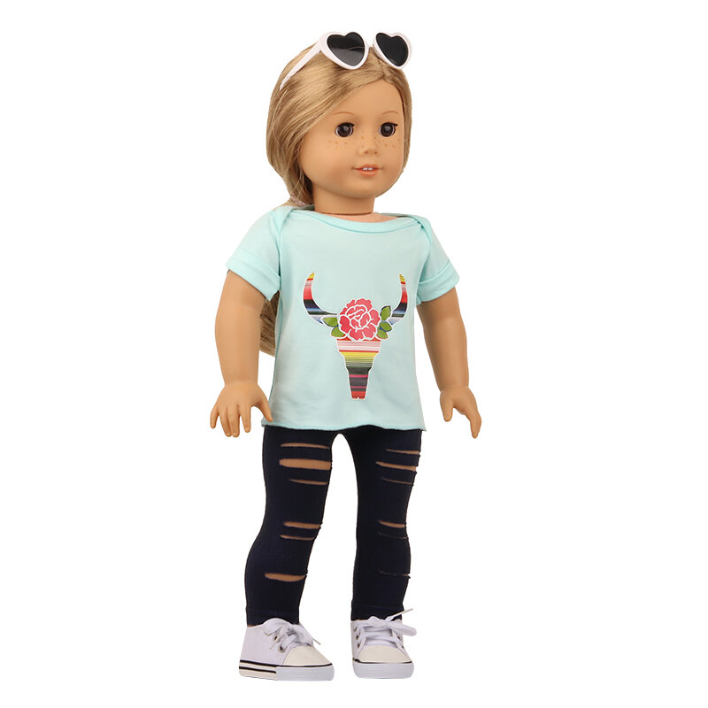 18 Cal amerykańska lalka osobowość zestaw ubrań dla lalek poszarpane spodnie + wół głowy T-shirt garnitur akcesoria Fit 43cm noworodki Bebe lalki