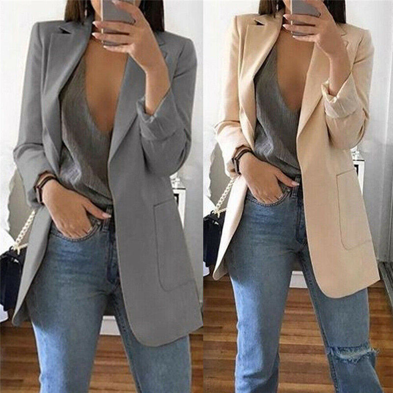 Blazer casual feminino com manga longa, casaco feminino com gola v, blusa, uso externo, 1 peça bolso grande