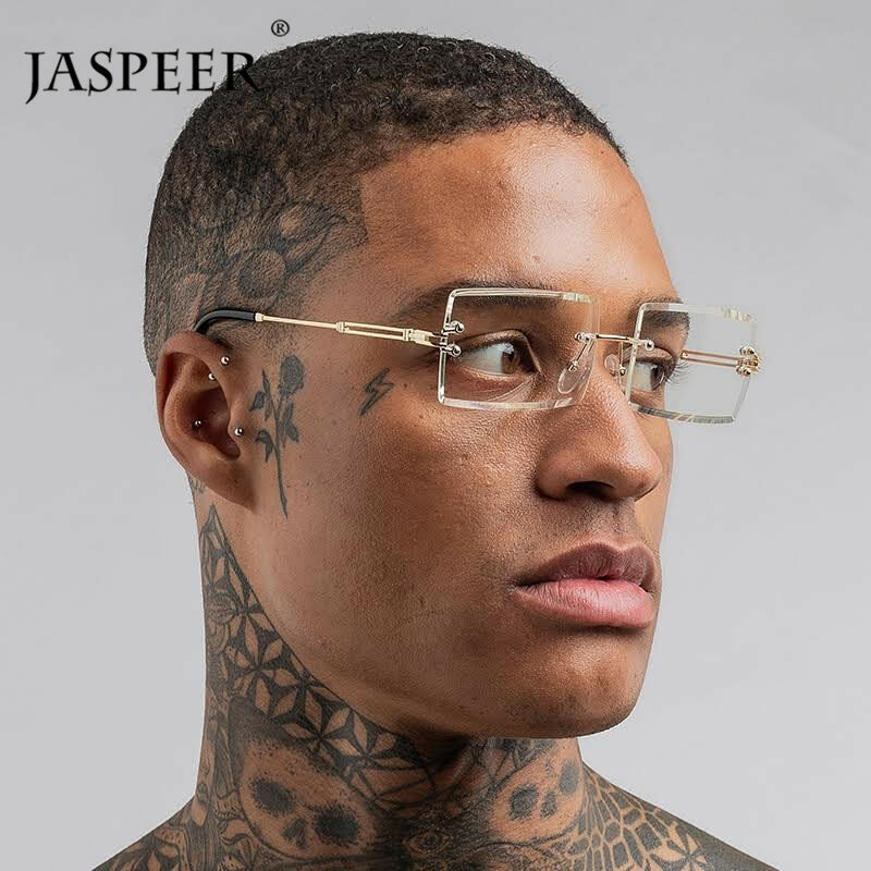 JASPEER-gafas de sol rectangulares sin montura para hombre y mujer, lentes de diseñador de marca con degradado, UV400, Retro, sin marco