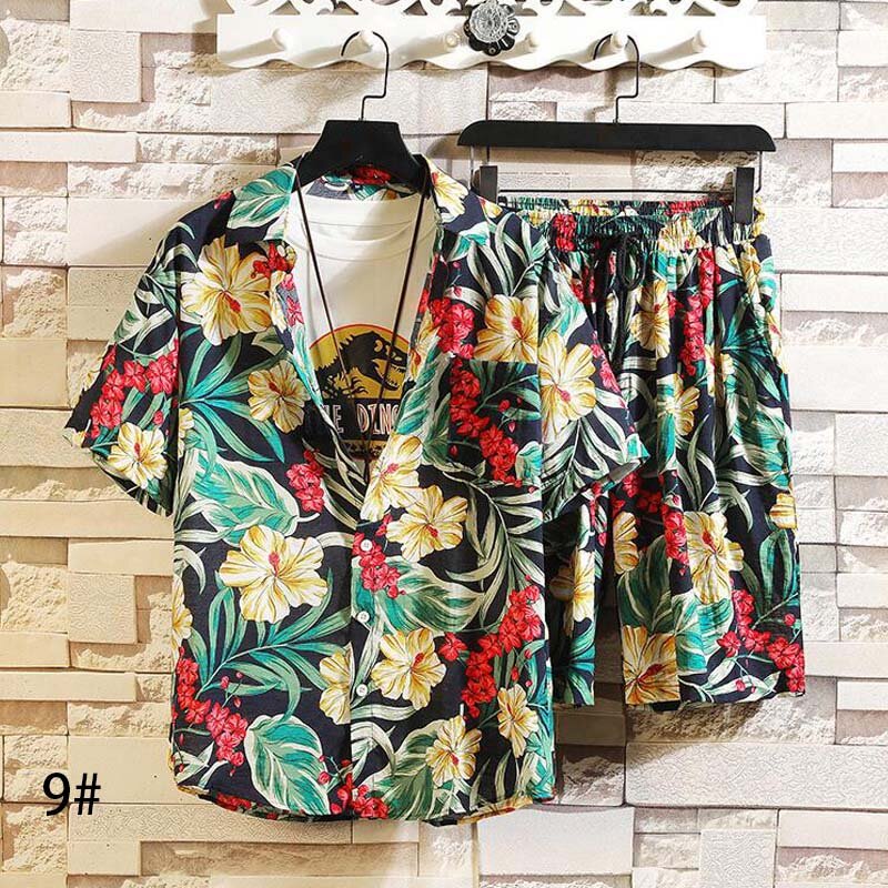 Drukowane koszule plażowe z krótkim rękawem męskie komplety letnie dresy stojak obroże Streetwar topy koszulki + spodenki modny zestaw męski