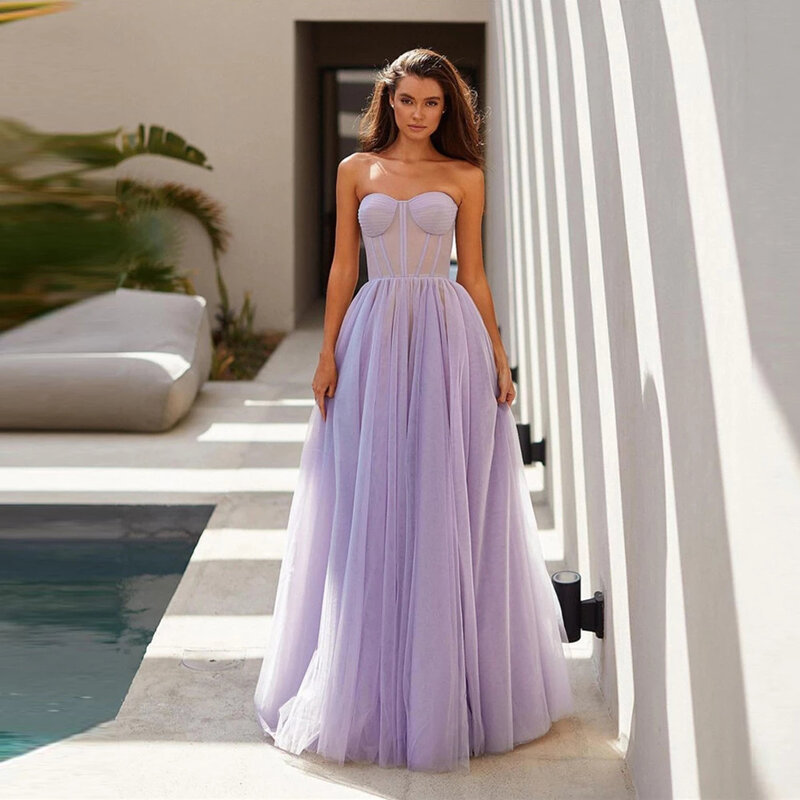 Custom Color 2023 Lavender/Pink/Blue A Line Tulle Long Prom Dresses Sweetheart Boning Fitted Top Simple Formal Evening Gowns