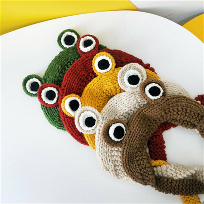 Cute Wool Earmuffs Children Winter Warmer Cartoon Frog Retro Thick Knit Lace Bag Earmuffs Kids Lovely Animal Eyes Lace Cap Girls