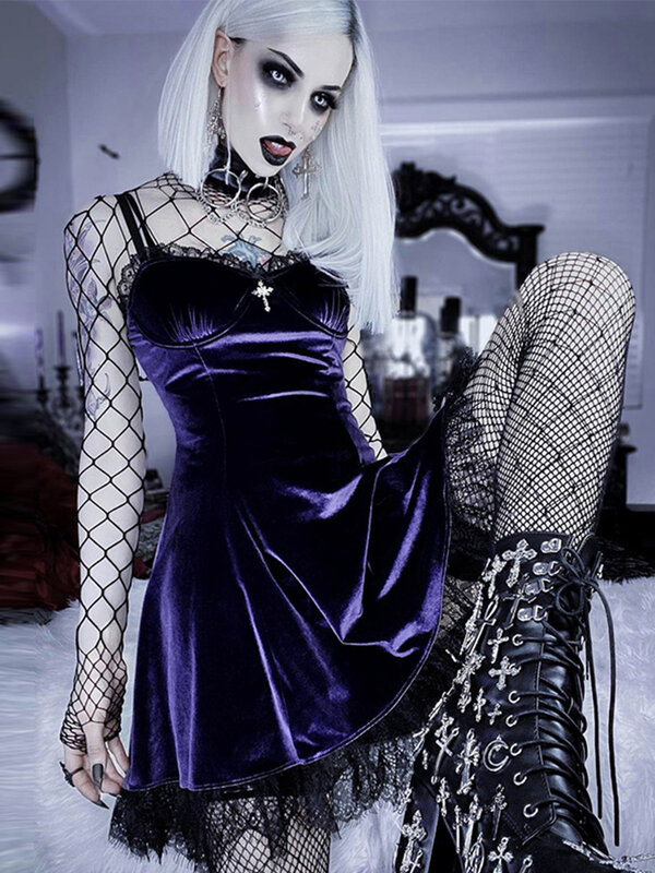 InsDoit gotycka letnia seksowna czarna sukienka kobiety Y2K Lolita koronka w stylu Vintage bez rękawów Mini sukienka estetyczna moda Party-line sukienka