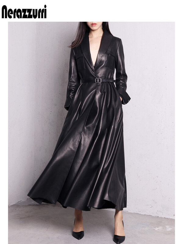 Nerazzurri-gabardina larga de cuero Pu para mujer, abrigo elegante con falda, color rojo y negro, de alta calidad, a la moda, 5xl, 6xl, 7xl