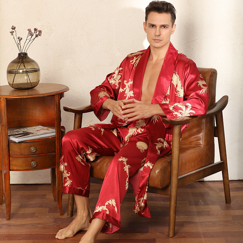 Jubah & Celana Pakaian Tidur Satin Pria Set Piyama Dargon Pakaian Tidur Pria Print Gaun Jubah Mandi Kimono Sutra Imitasi Pakaian Rumah Pakaian Santai