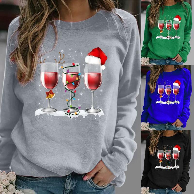 Frauen Weihnachten Langarm Weinglas Druck Herbst Winter Bluse Sweatshirt