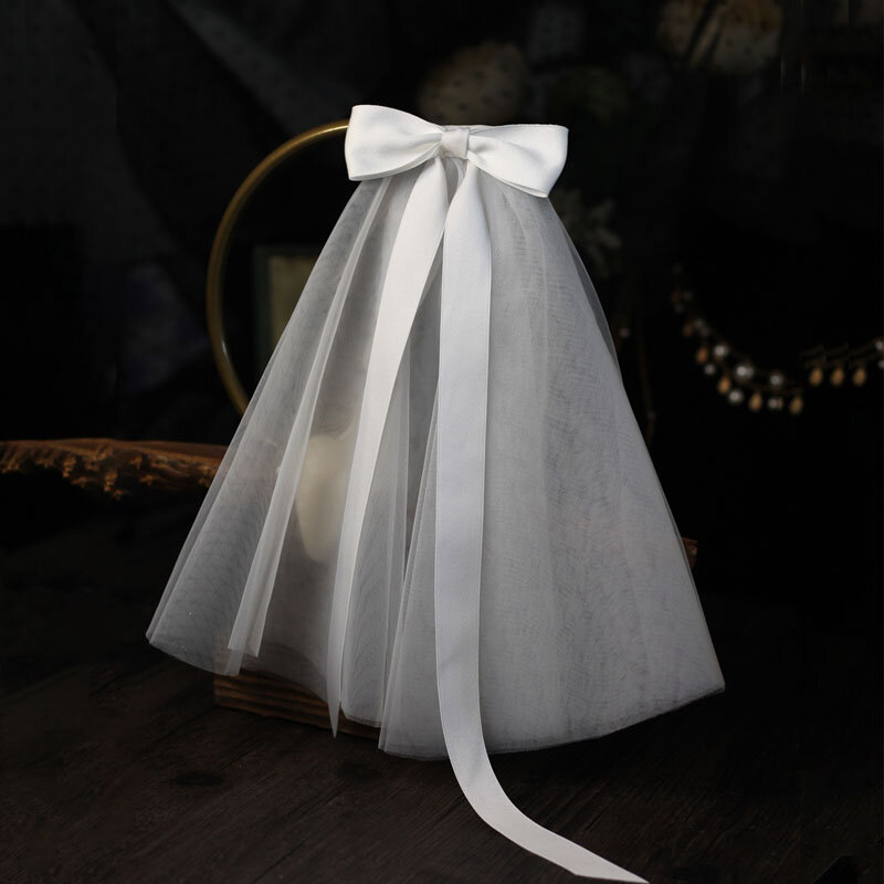 SLBRIDAL-Véus de casamento brancos com pente para mulheres, comprimento dos ombros, estilo bowknot, acessórios nupciais, casamento