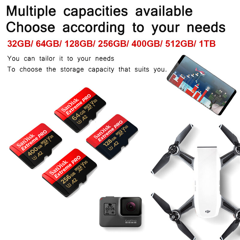 SanDisk-Extreme Pro Cartão de Memória Flash, Cartão Micro SD, SDXC, UHS-I, Cartão TF, Adaptador para Câmera, U3, V30, 400GB, 256GB, 64GB, 128GB