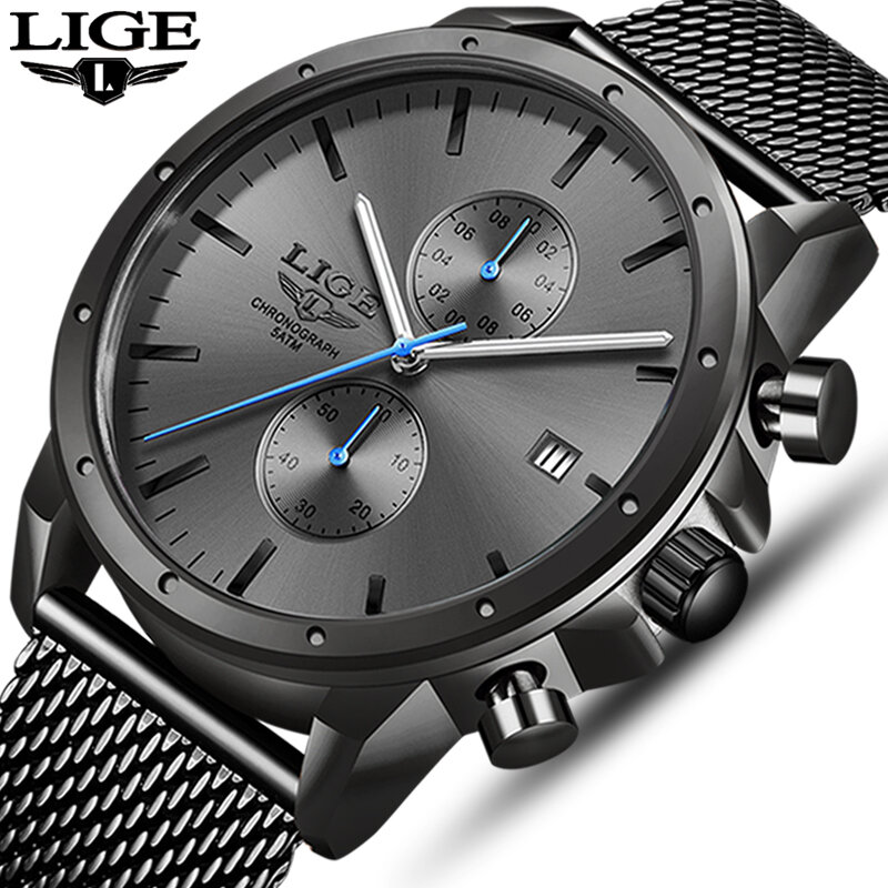 كبير LIGE العسكرية الرياضة الساعات للرجال العلامة التجارية الفاخرة ساعة معصم جلدية عادية رجل ساعة الموضة كرونوغراف ساعة اليد