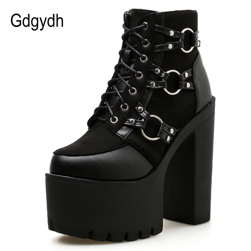 Gdgydh Spring Autumn Fashion Motorcycle Boots Women Platform Heels Casual Shoes Lacing Round Toe Shoes Ladies Autumn Boots Black