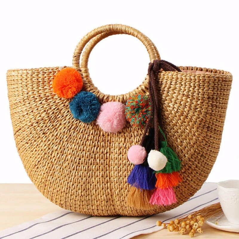 Summer Women Rounded Handles Pom Pom Tassel Straw Woven Beach Casual Tote Bag