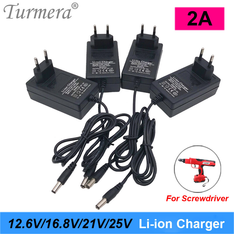 Зарядное устройство Turmera, 12,6 в, 16,8 в, 21 в, 25 в, 2 А, 18650, для литиевых аккумуляторов DC5, 5*2,1 мм, для отверток 3S 4S, 5S, 6S 12 В до 25 в
