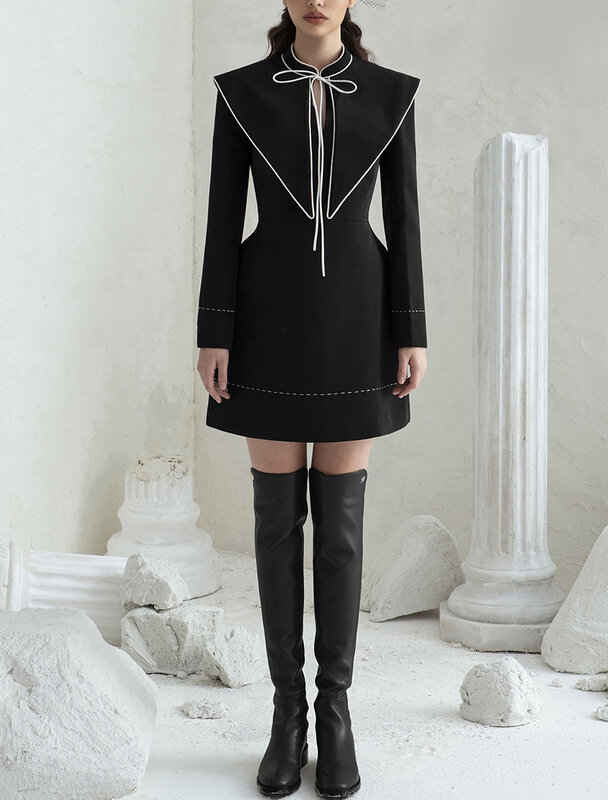 Robe semi-formelle noire avec bordure blanche, robe mince rétro, petite boutique de tailleur, luxe abordable, 600