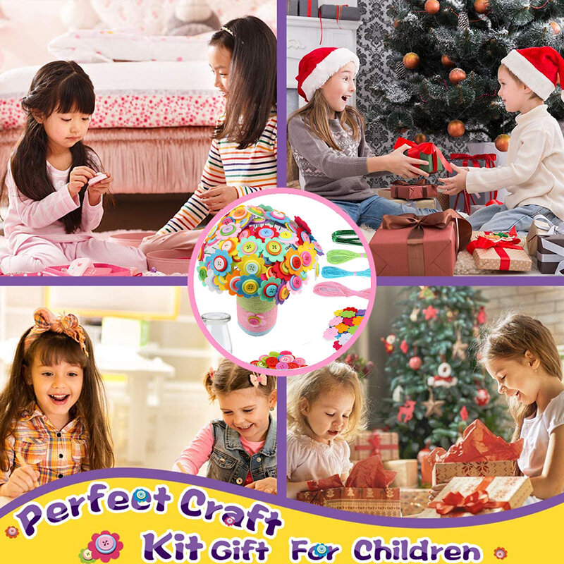 Kit de manualidades de flores con botones y florero de fieltro, juguete artístico, proyecto de manualidades para niños, juguetes de actividades DIY, regalo para niños y niñas