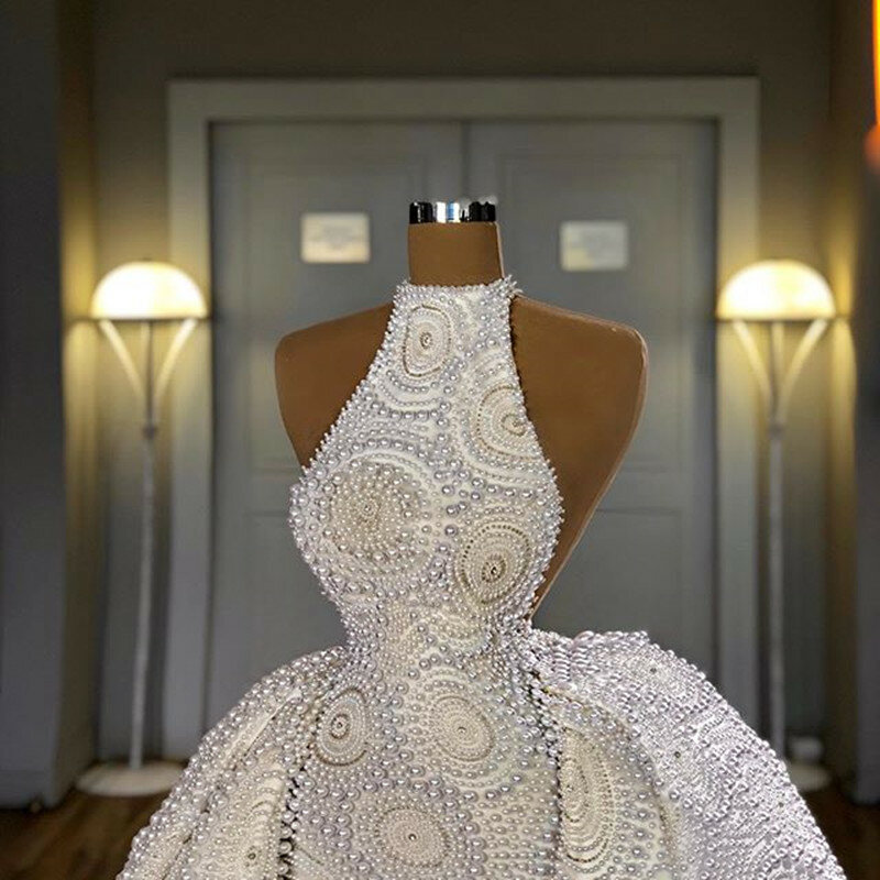 Luxo círculo contas pérolas 2 em 1 vestido de casamento 2020 sexy halter pescoço casamento vestidos de noiva com destacável trem robe de mariee