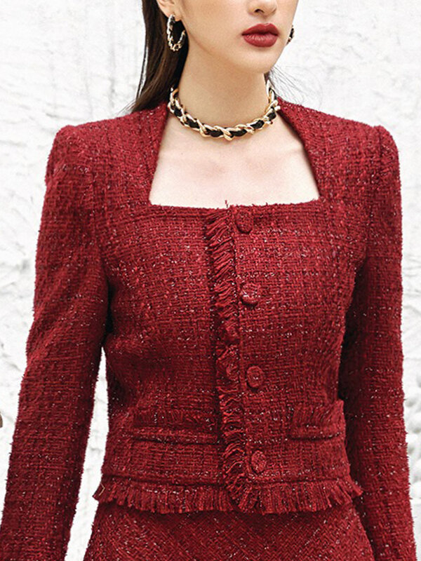 Alfaiate inverno francês requintado gola quadrada exposta clavícula sexy pequena fragrância senhora jaqueta de lã vermelho escuro saia terno