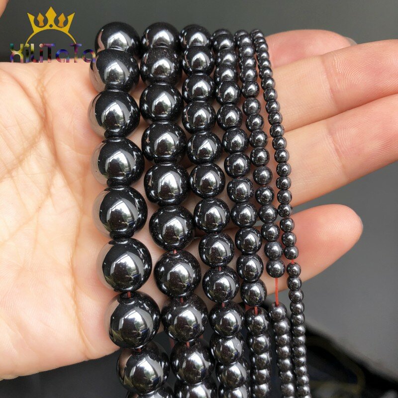 Natural Stone Beads Smooth Black Hematite Round Loose Beads For Jewelry Making DIY Bracelet Accessories 15'' 2/3/4/6/8/10/12mm