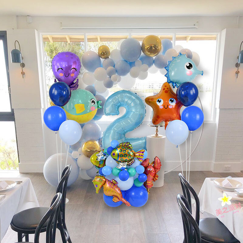 44Pcs ภายใต้ Sea Ocean World สัตว์ฟอยล์บอลลูนภายใต้ Sea Theme Party เด็กวันเกิดตกแต่งเด็กทารกอุปกรณ์