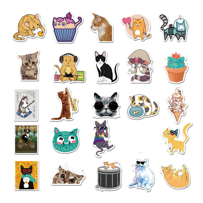Stiker kucing imut, stiker kartun kucing imut tahan air, stiker Kucing Doodle Laptop, botol air Skateboard untuk anak-anak remaja dan dewasa 50 buah/set