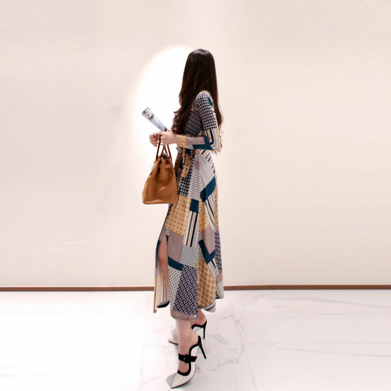 Женское элегантное платье с V-образным вырезом, эластичное платье с принтом, осень 2020, модное винтажное платье в Корейском стиле с длинным рукавом