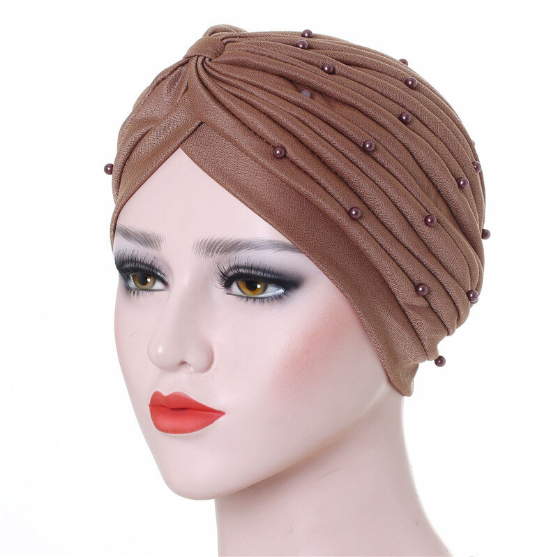 Тюрбан женский из 2020 хлопка, однотонный, со складками, с жемчугом, мусульманский Внутренний, шапочки под хиджаб