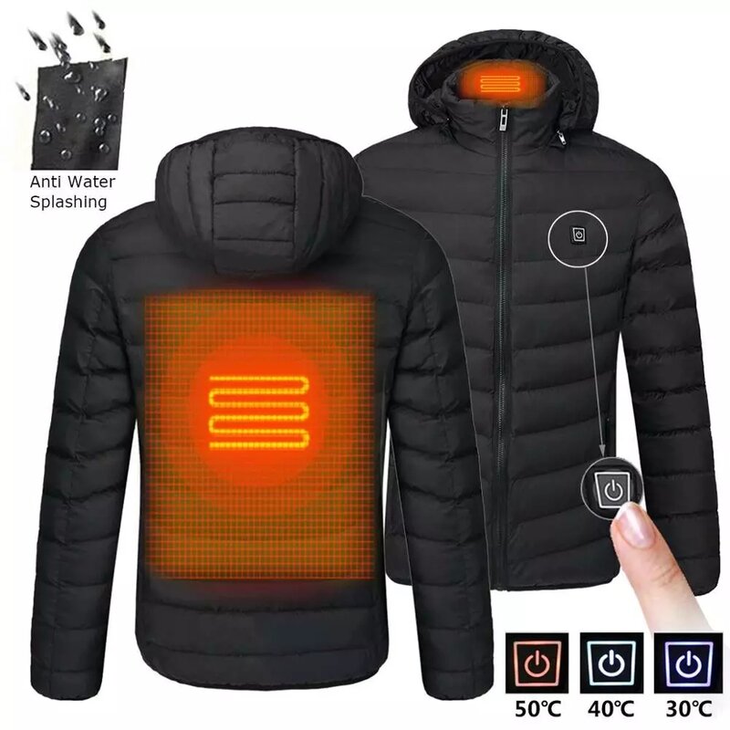 NWE Men Winter Warm USB Heating Jackets Smart Thermostat Pure Color Hooded Heated Clothing Waterproof Warm Hiking Outdoor Jacket