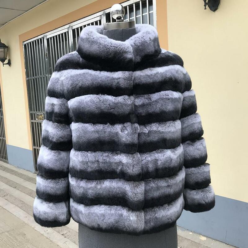 Rex jaket bulu kelinci wanita, mantel bulu musim dingin kerah berdiri hangat modis