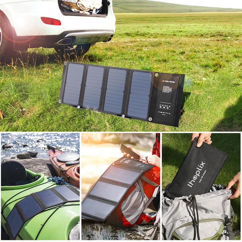 IHOPLIX Kit Dobrável Placa Solar 28W Painéis Solares com QC 3.0 Carregamento Rápido 3 Porta USB para Carregador de Mesa para Celular de Camping