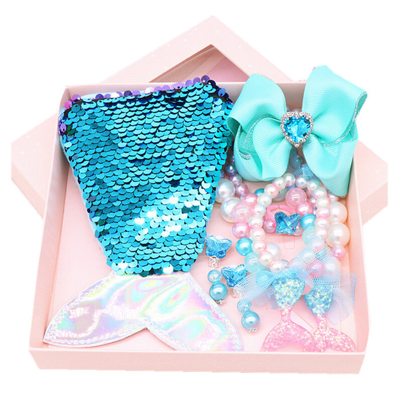 Mermaid Accessoires Sieraden Set Pailletten Portemonnee Ketting Armband Boog Haar Clip Shell Earring Gift Voor Elsa Prinses Meisjes