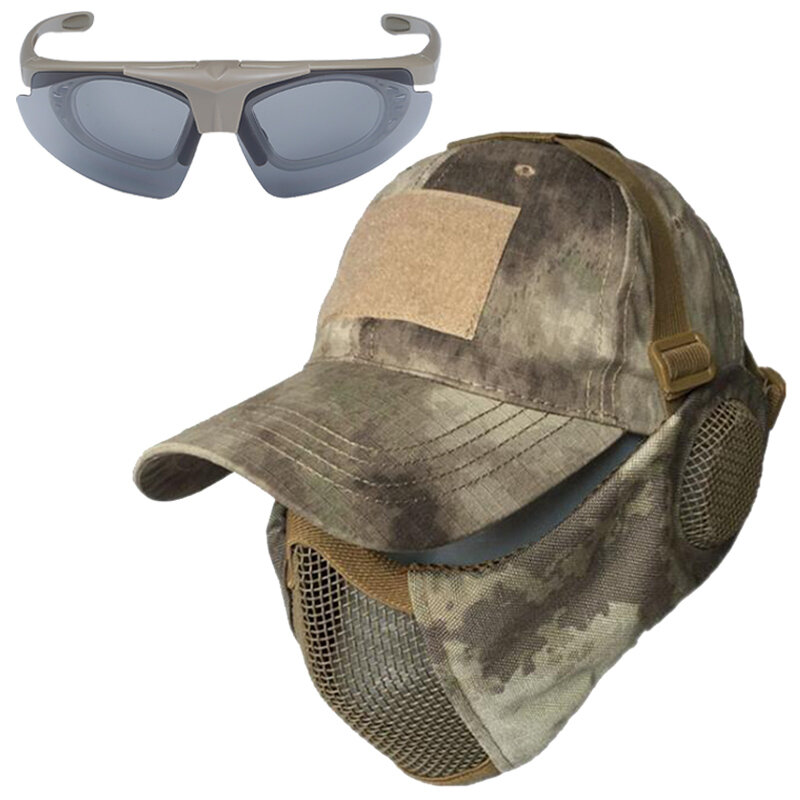 Masker Airsoft Jaring Taktis dengan Pelindung Telinga dan Topi Bisbol Topi Kacamata untuk Airsoft Paintball Menembak Perlengkapan Militer Olahraga