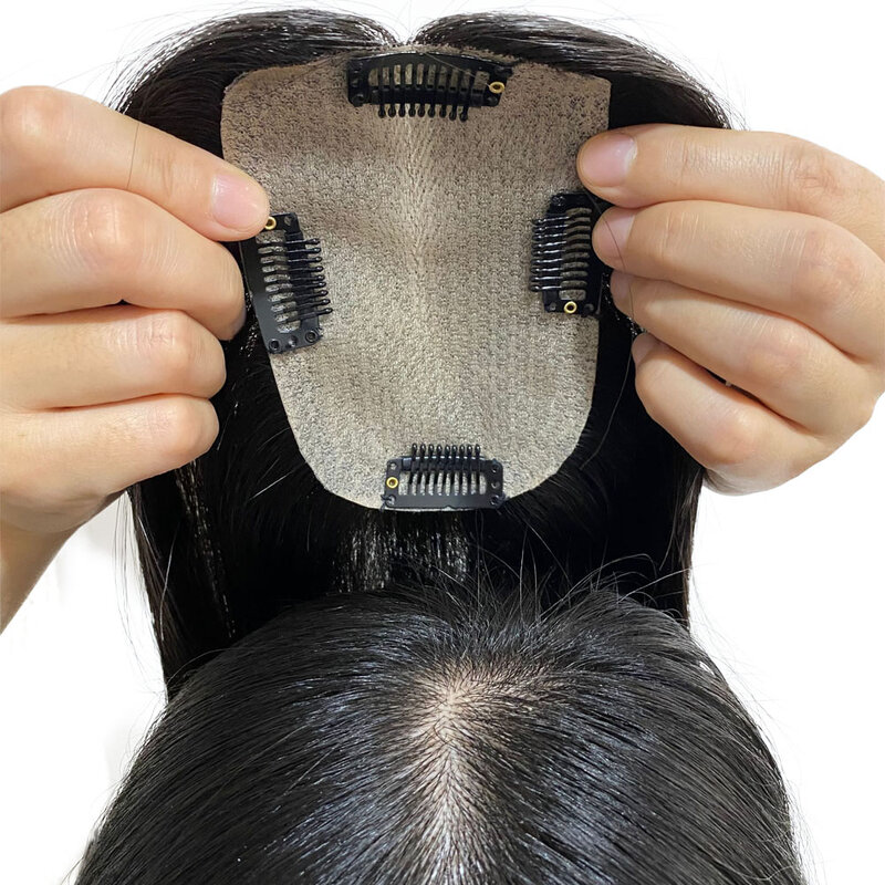 InjSkin-Morceau de cheveux humains vierges avec clips pour femme, dessus de base, cuir chevelu naturel, toupet superposé, partie libre, 8x12cm, 18 po, 9x14cm