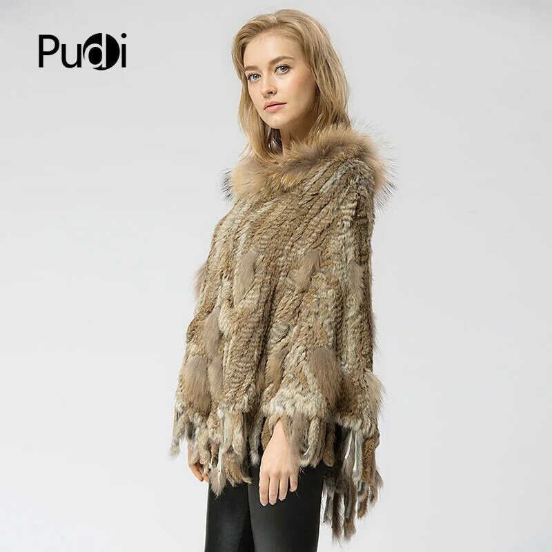 SRR002-2 Real Knitted Rabbit & Raccoon Fur Shawl Poncho Stole Shrug Cape Robe Tippet Wrap Women's Winter Warm Coat/outwear