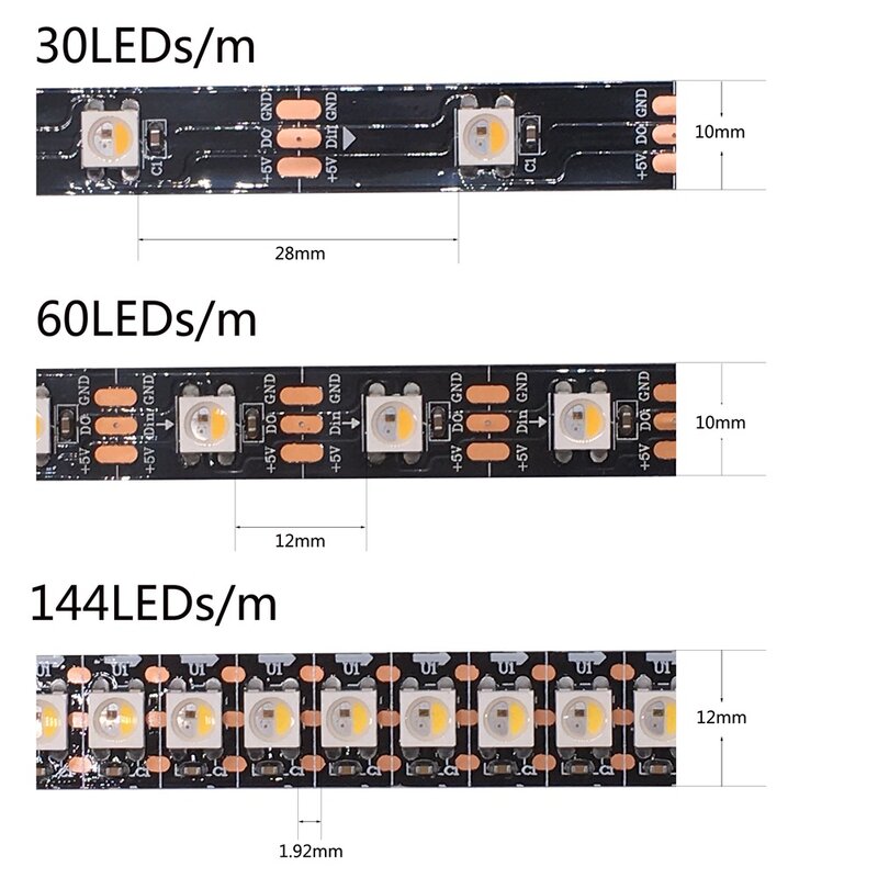 شريط إضاءة Led فردي قابل للعنونة ، DC5V SK6812 RGBW (مشابه لـ WS2812B) 4 في 1 30/60/144 صمام ثنائي/بكسل/م ، شريط إضاءة Led IC IP30/IP65/IP67