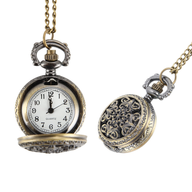Fashion Vintage Women Pocket Watch Alloy Retro Hollow Out Flowers Pendant Clock Sweater Necklace Chain Watches Lady Gift EIG88