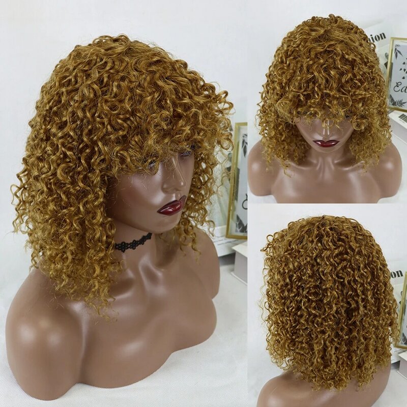 Kręcone peruki z ludzkich włosów z grzywką Scalp Top pełna maszyna wykonana peruka Remy brazylijski krótki kręcone peruki dla kobiet