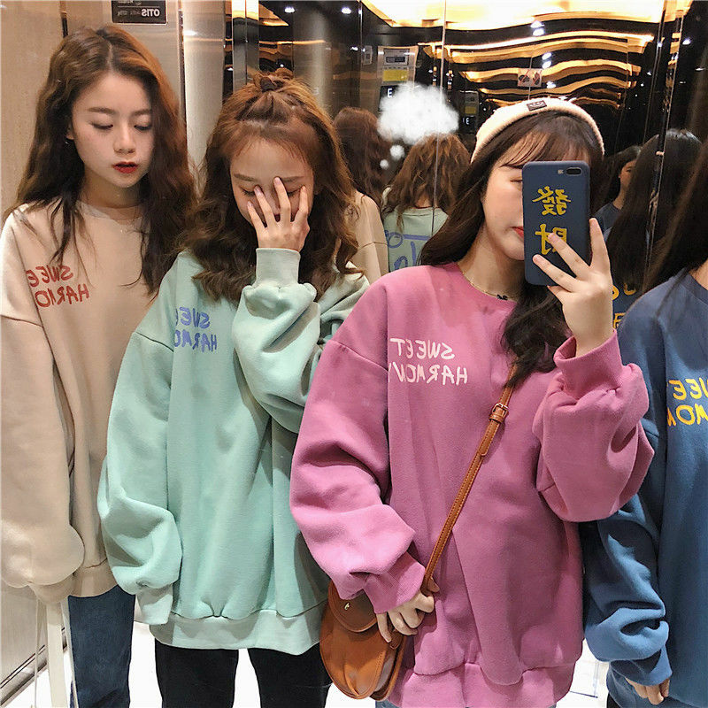 Plus Fluwelen O-hals Sweatshirt Vrouwen Lange Mouwen Koreaanse Stijl Losse Dikke Jas Streetwear Harajuku Hoodie Winter Truien