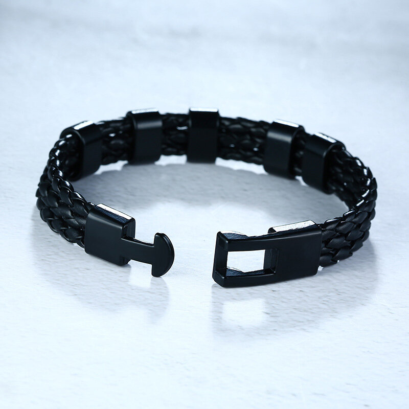 Vnox-Pulseras personalizadas con nombre de familia para hombres, cuero trenzado en capas negro con dijes de acero inoxidable, regalo de Navidad personalizado