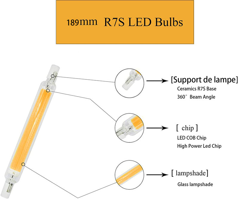 Ampoule en verre LED R7S COB, Spot à diode, Lampe en céramique de maïs, Remplacer la lumière halogène, 78mm, 4 W, 5W, 118mm, 7 W, 13W, AC 220V, 110V, Nouveau