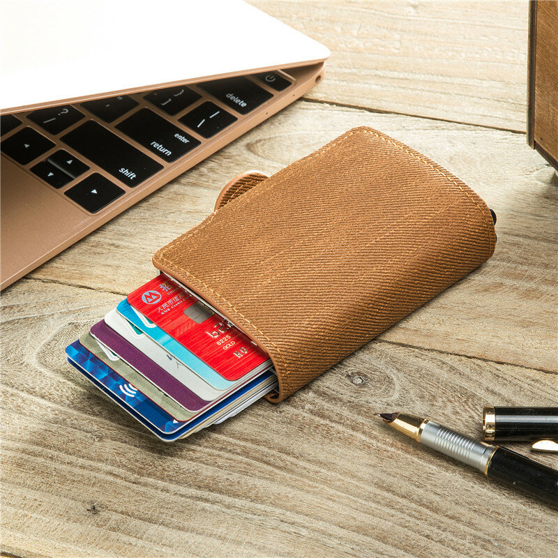 Niestandardowe grawerowanie portfel karta blokująca RFID uchwyt antykradzieżowy torebka podwójne pudełko etui na karty kredytowe Denim skórzany portfel posiadacz karty