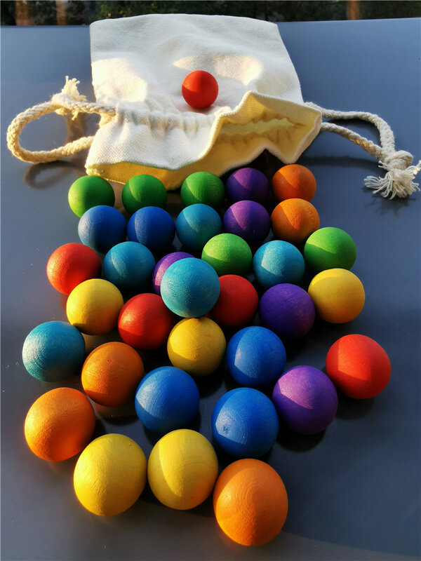 35pcs Kids Wooden Balls Toys 2cm Diameter Rainbow Stain Wood Marbles Match Building Blocks and Trees