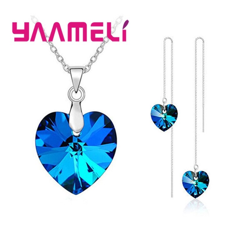 925 Sterling Silver Heart Shape Jewelry Set para mulheres, moda casamento, pingentes de cristal, colares, brinco, amor