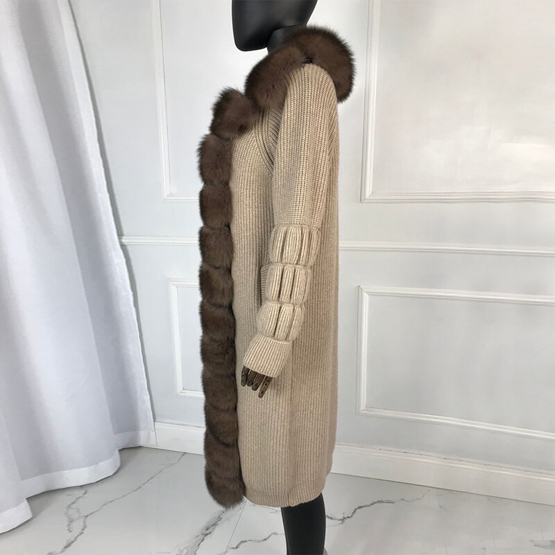 Kardigan Kasmir Wol Sweter Rajut Wanita Musim Gugur Musim Dingin dengan Jubah Potong Bulu Rubah Asli